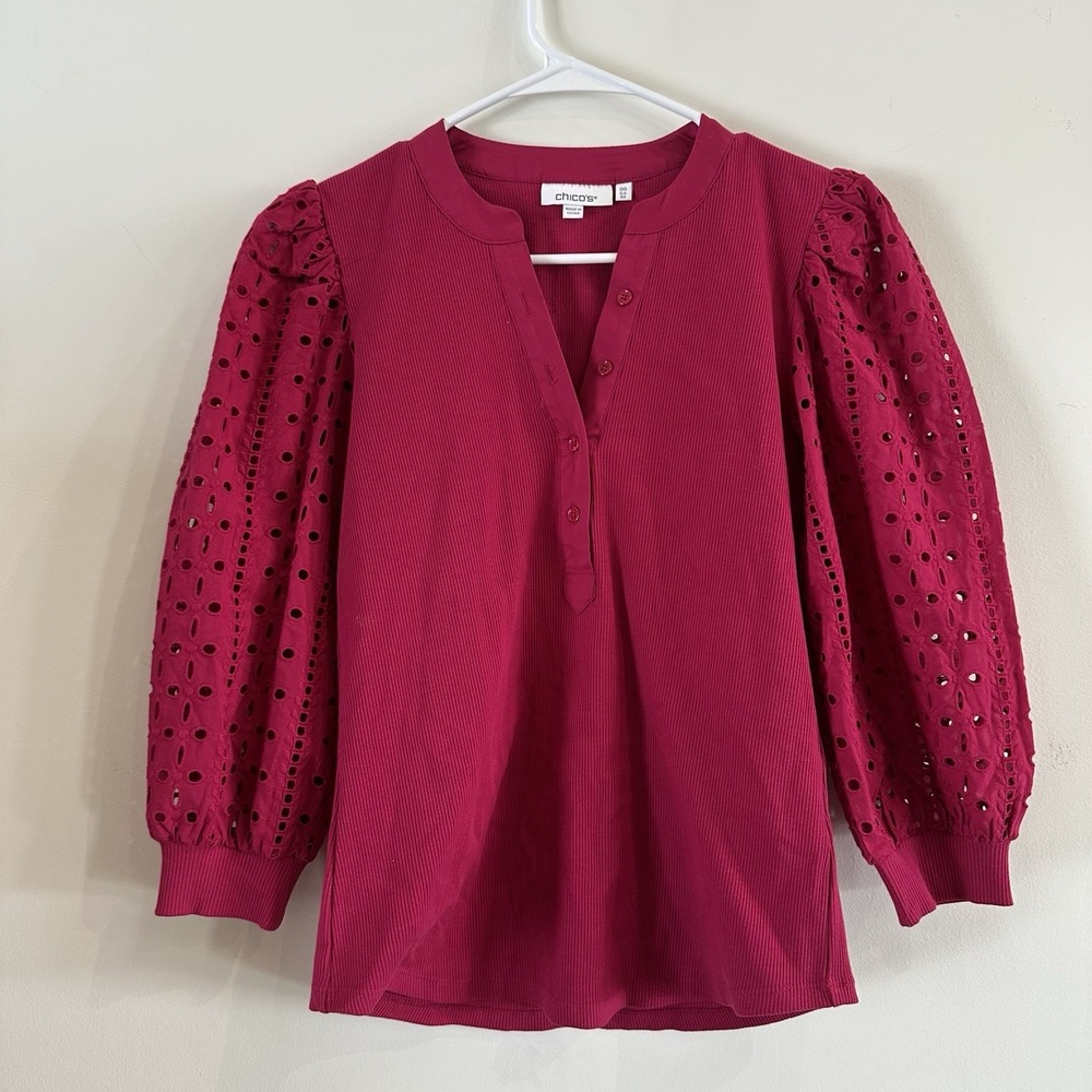 Women's Chicos Raspberry Puff Sleeve Eyelet‎ 3/4 Sleeve Cotton Blouse XS 00
